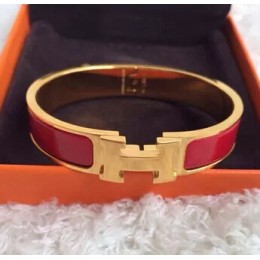 Hermes Red Enamel Clic H Bracelet Narrow Width (12mm) In Gold